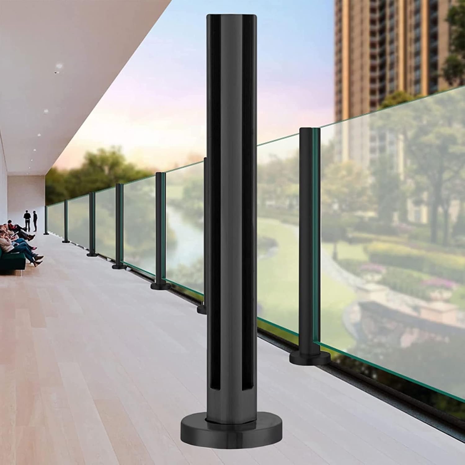 Black Round Glass Panel Fencing Post - Metal Balustrade Column for Indoor/Outdoor Glass Fence, Corner/Mid/End Post with Square Base, Fits 10-12mm Thick Glass, 120cm Heigh