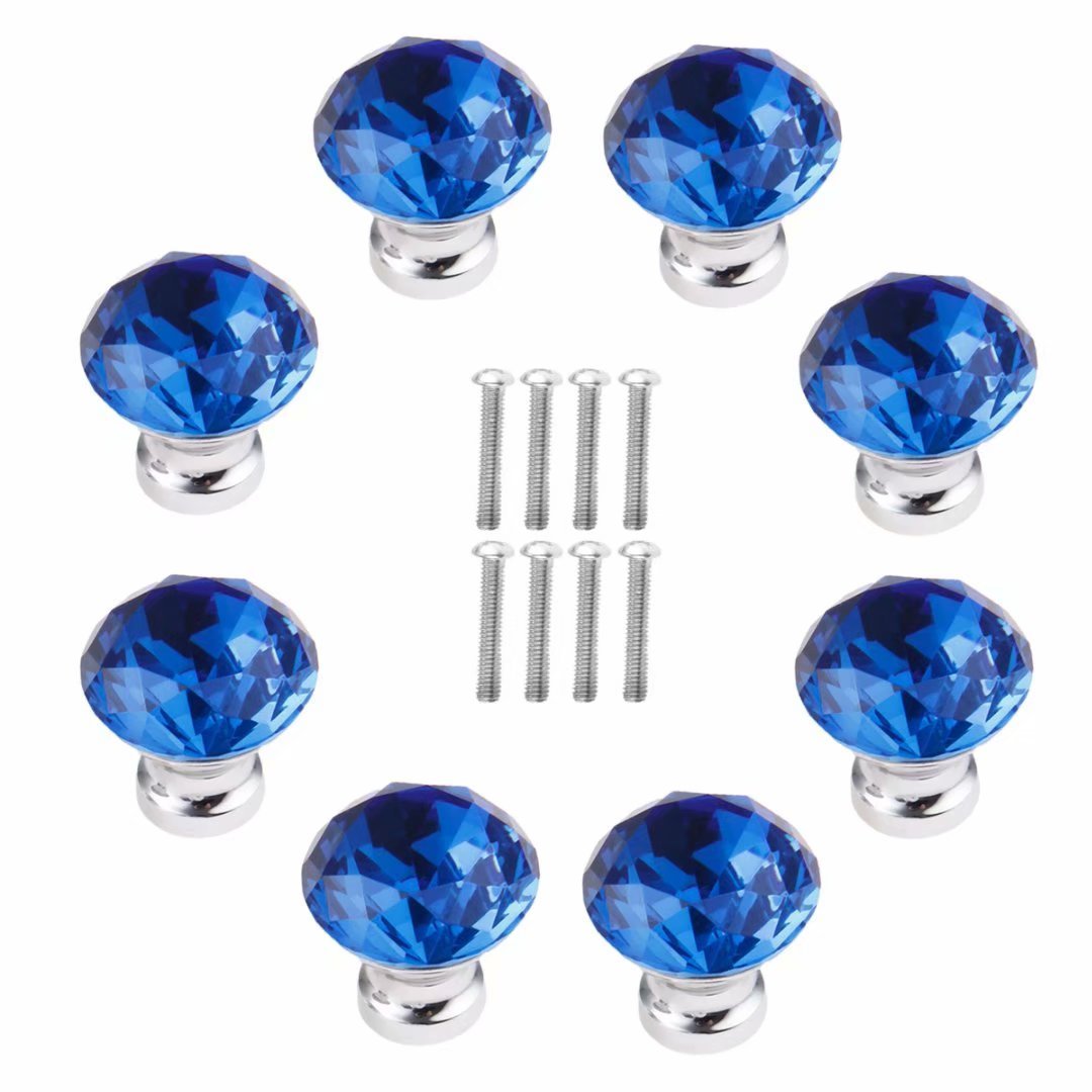 Fbshop(Tm) Blue 30Mm 8Pcs Crystal Acrylic Glass Diamond Cut Door Knob Cupboard Drawer Pull Handle/Great For Cupboard, Kitchen And Bathroom Cabinets, Shutters,Wardrobe