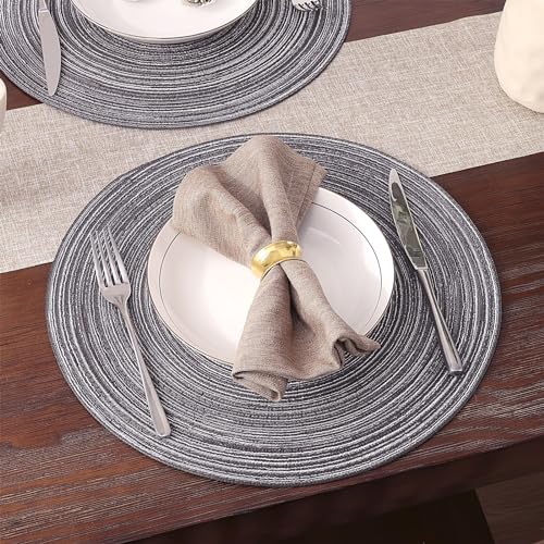 Image of SHACOS Round Braided Placemats Set of 8 Round Table Mats for Dining Tables Non Slip Washable (Black Gray, 8)