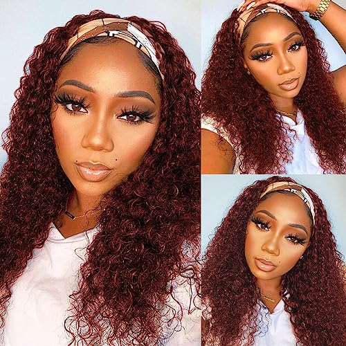 Image of Celiarita Deep Wave Headband Wig Human Hair 18 Inch Reddish Brown Machine Made None Lace Front Wig 33# Red Brown Brazilian Virgin Glueless Wear and Go Curly Headband Half Wigs for Black Women