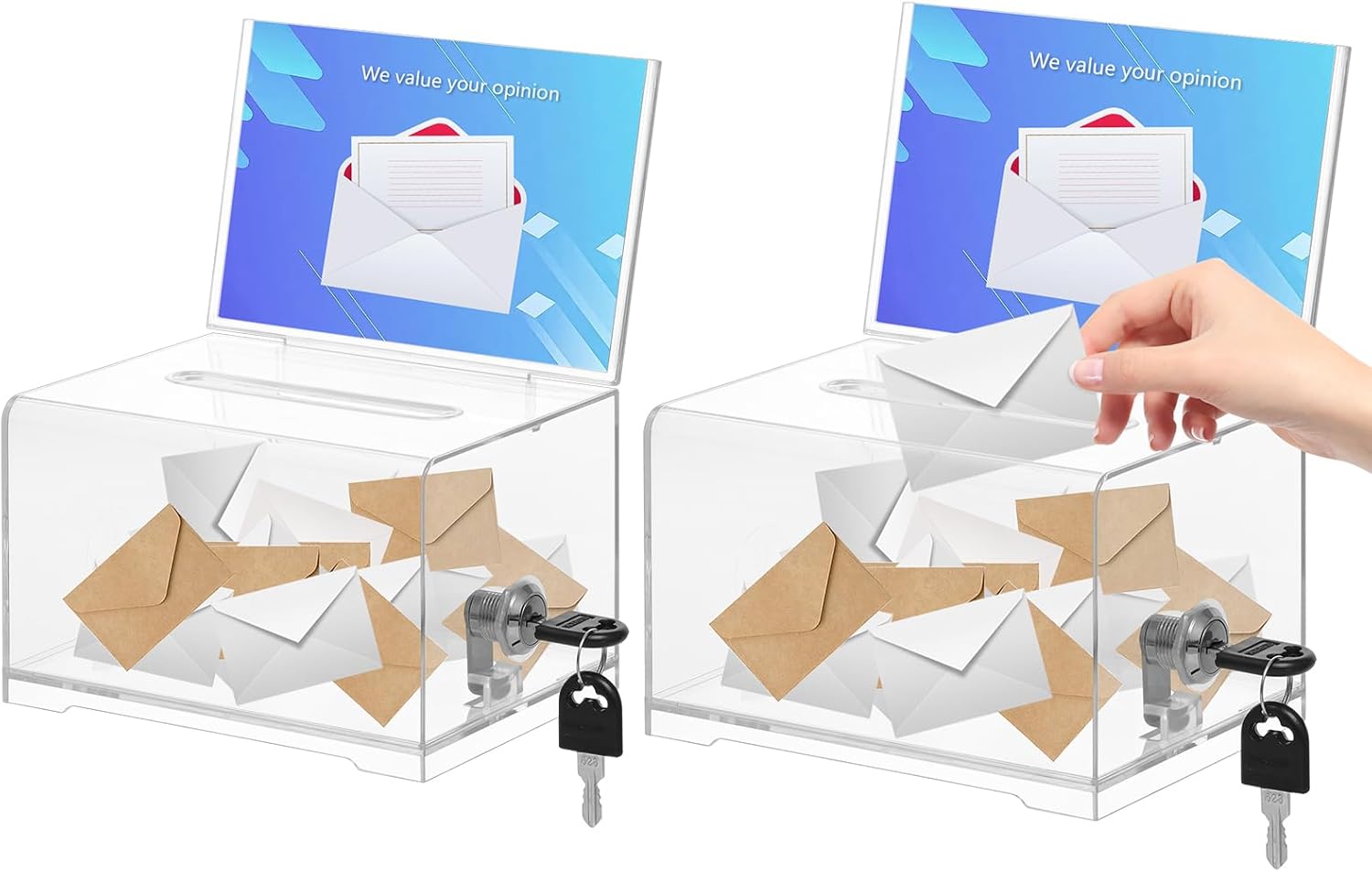 KYODOLED Clear Donation Box for Fundraising, Suggestion Box with Lock and Key, Raffle Box for Tickets with Sign Holder, Tip Jar for Event and Organization, 6.2"x4.6"x4", 2PACK(Sign Card Not Contain) Clear-PS-2P