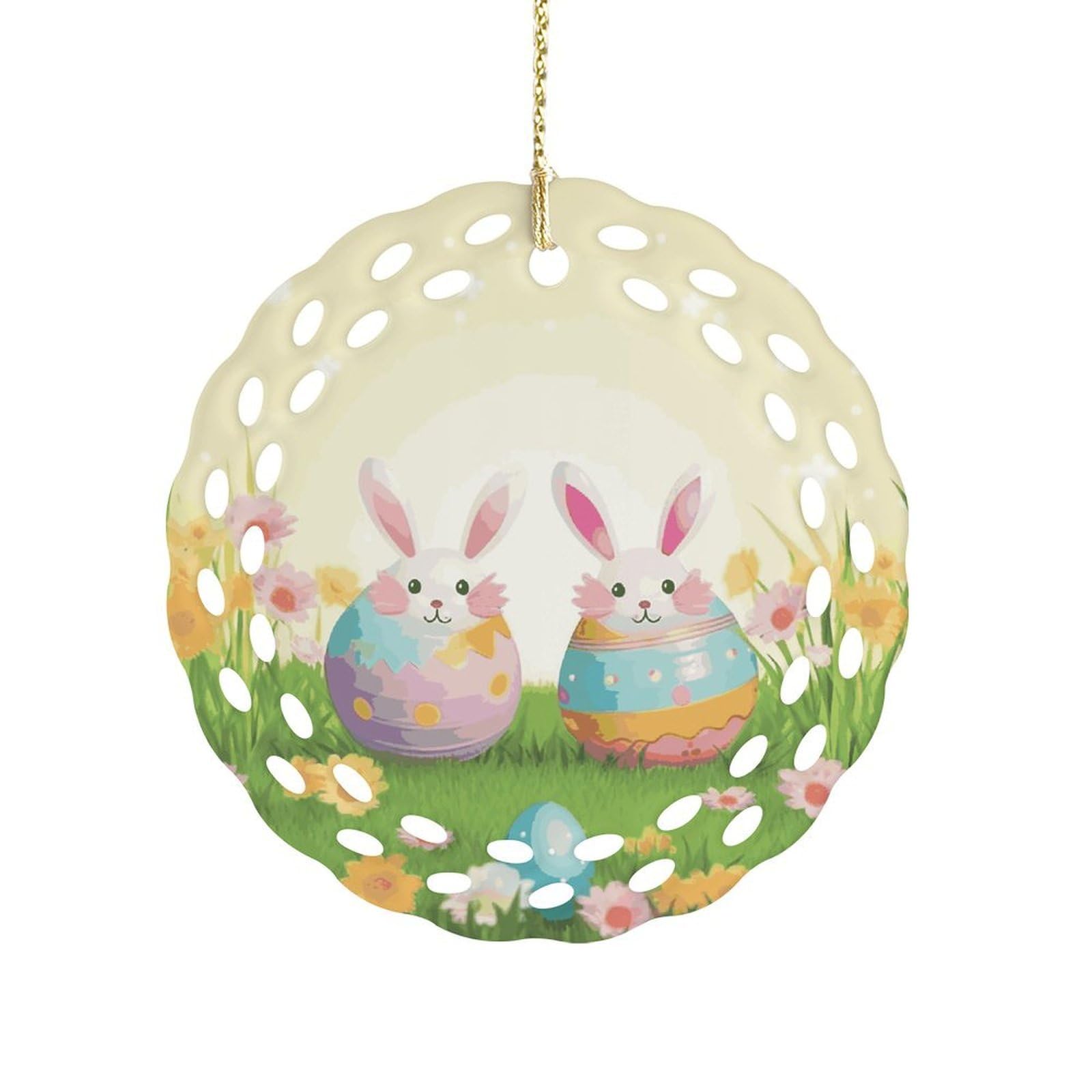 Btcowzrv Style Happy Easter Day Ceramic Ornament,Round Ornaments With Hole Easy To Hang,Hanging Ornament For Wedding Party Home Window Garden Christmas Day Decor