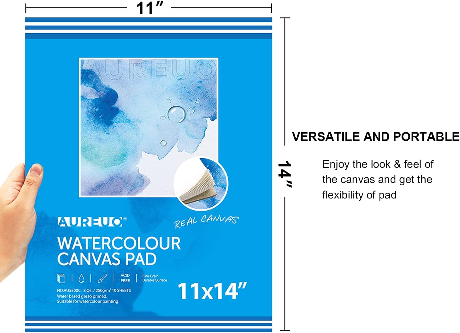 AUREUO Watercolor Canvas Pad - 11x14 Inch, 10 Sheets, 1 Pack - 270g, 100% Cotton White Blank Canvas for Watercolor Painting