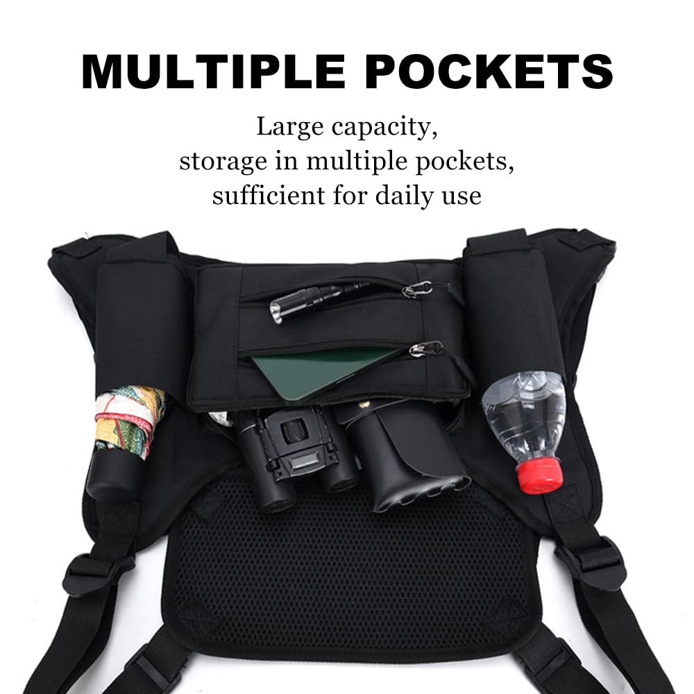 Sport-Brusttasche, taktische Brusttasche, Outdoor-Westentasche mit 2 Wasserflaschenhaltern for die Jagd, Angeln, Wandern, Reisen, Radfahren,Camping-Trinkflasche(Black)