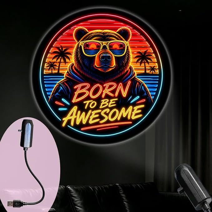 TSEZLOJH Portable Projector Lamp USB Powered Funny Bear with Sunglasses Palm Trees Sunset Born to BE Awesome Art for Home Office