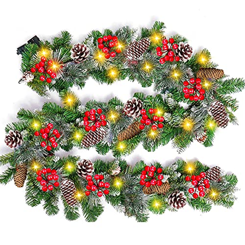 9 Foot Prelit Christmas Garland 50 Lights Frosted Xmas Garland Battery Operated,90 Red Berry,18 Pine Cone,Snowy Bristle Pine Artificial Garland Decoration Indoor Home Fireplace Holiday, Warm White