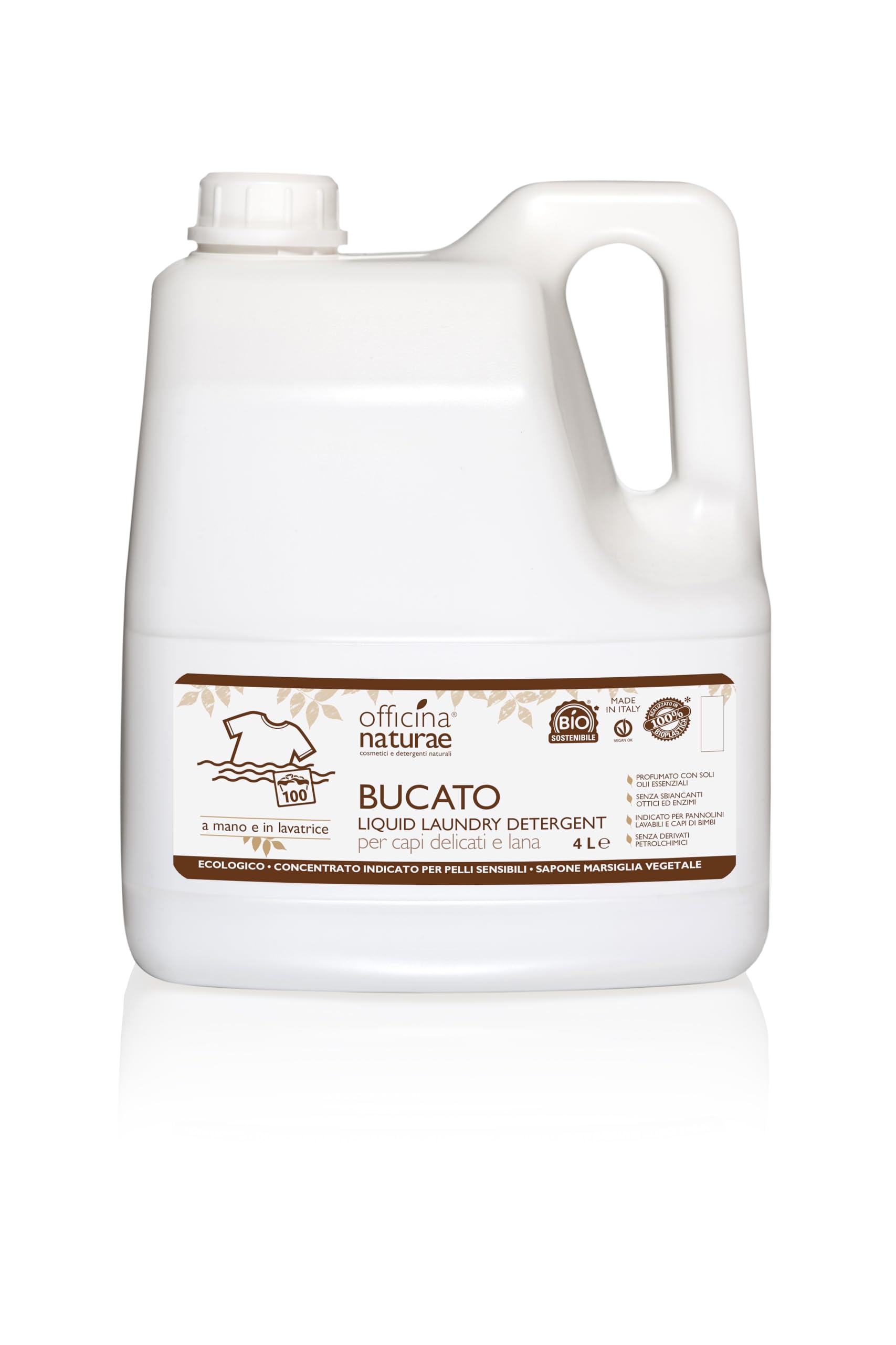 Officina Naturae | Detersivo Ecologico Liquido Concentrato per Bucato, in Lavatrice o a Mano, Flacone in Bioplastica 4L