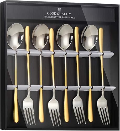 Buyer Star Juego de 8 cucharas y tenedores de cena, juego de cubiertos de acero inoxidable 1810 con caja de regalo negra, juego de cubiertos de
