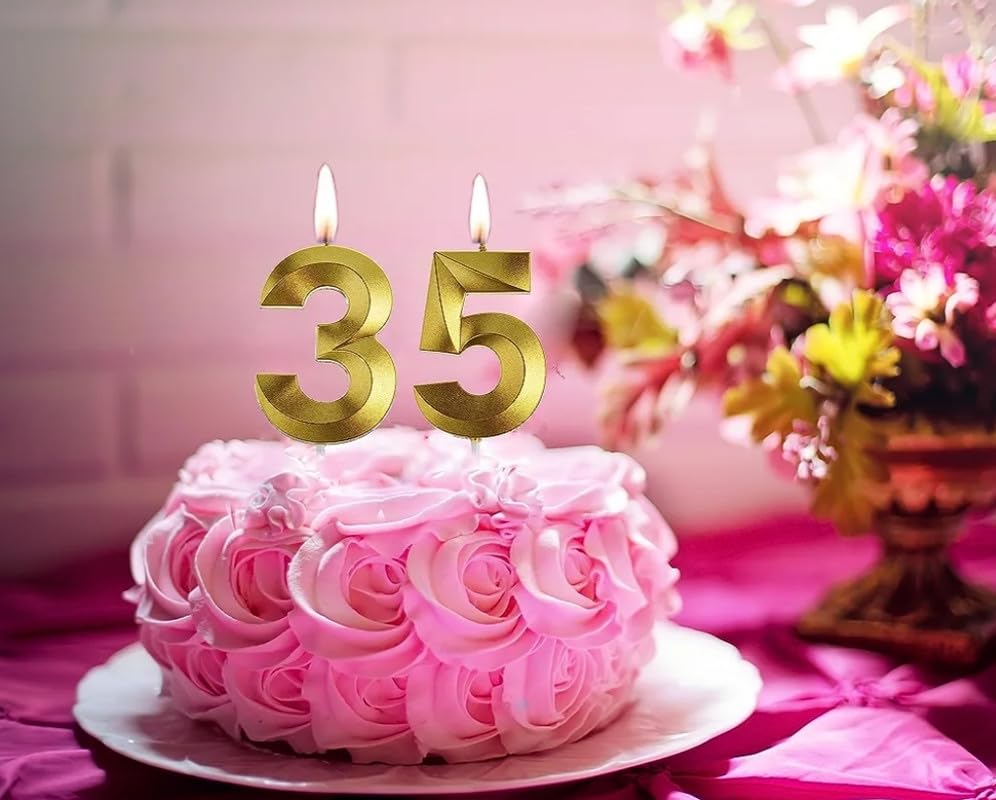 Image of Number 35 or 53 Wax Candle with Crown for Birthday, Wedding, Engagement, Valentines Day Celebration, Bachelorette Cake Topper for Decoration 2 Pcs, Gold, Unscented