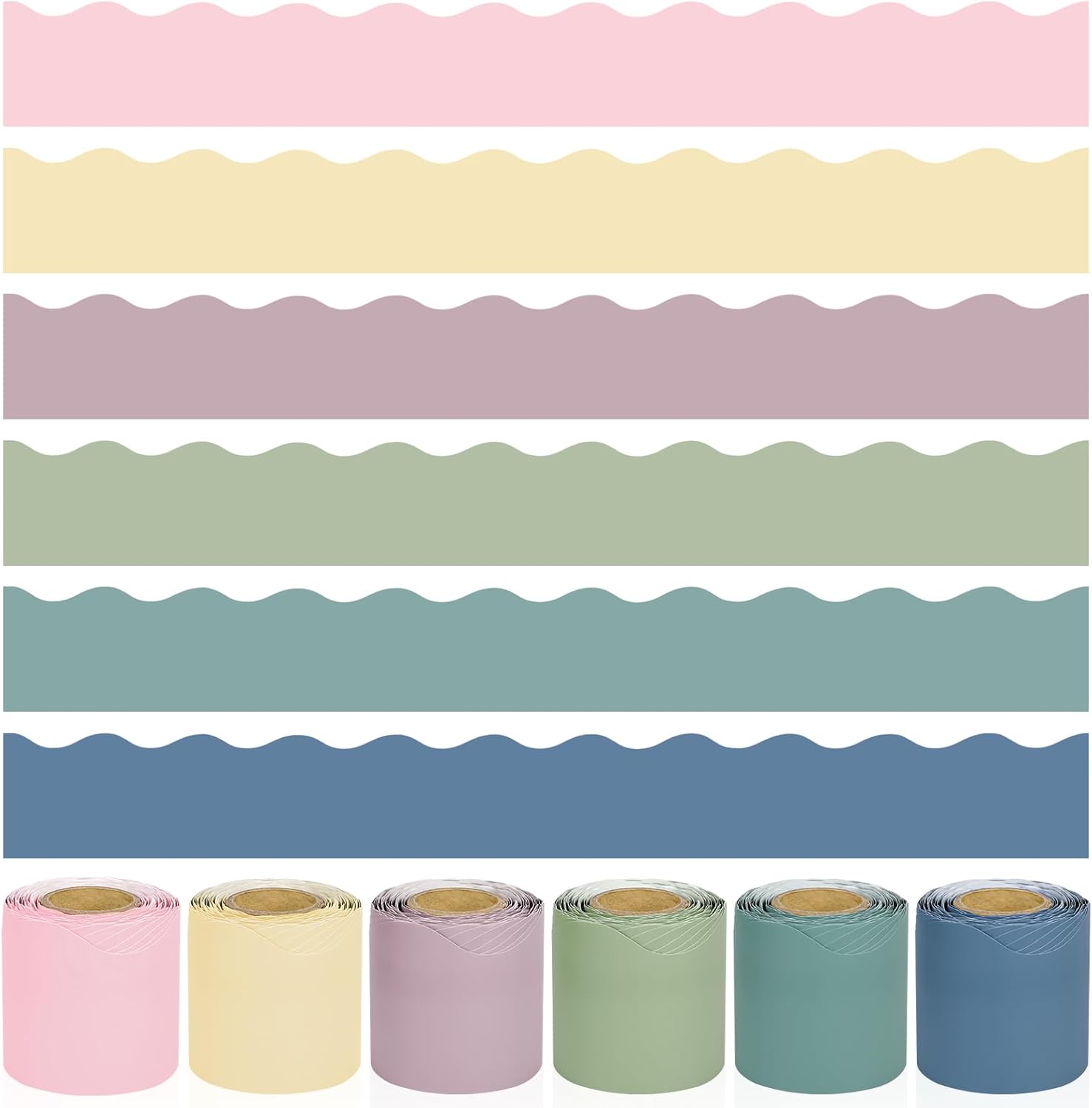 6 Rolls 240Ft Boho Pastel Bulletin Board Borders – Scalloped Soft Color Border Trim, Waterproof, Durable, Easy to Cut – Classroom, School, Office, Home & DIY Bulletin Board Decoration