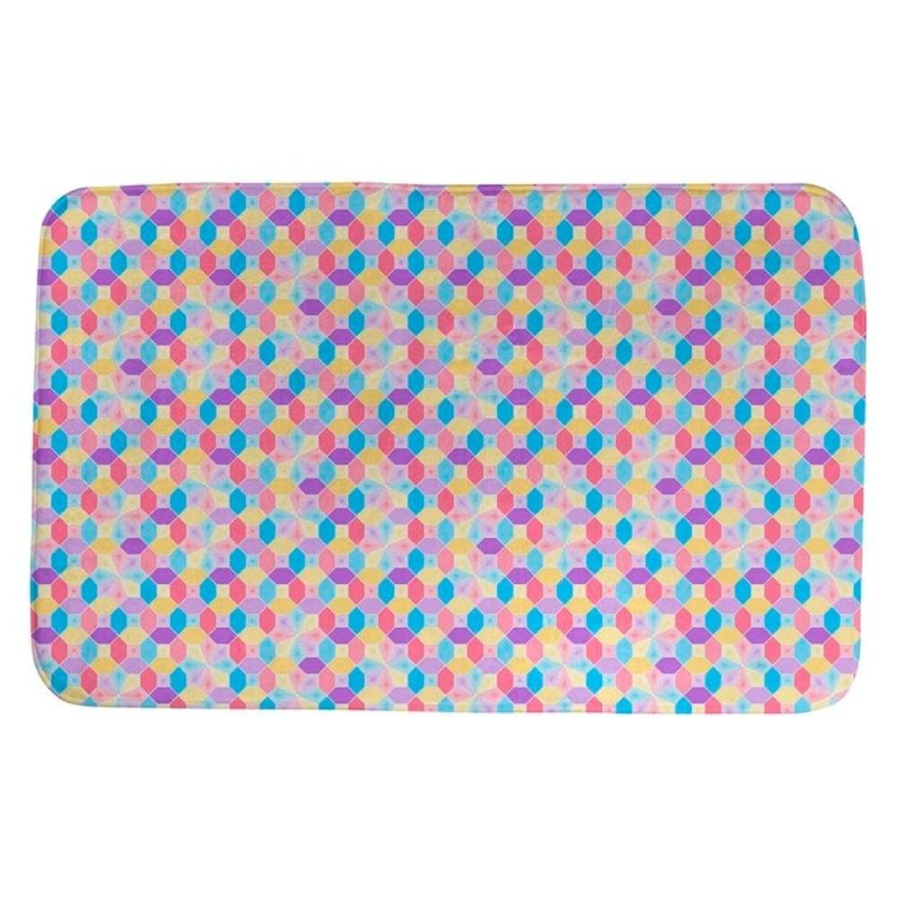 Pretty Pink Yellow Rectangle Bathroom Rugs Non Slip Backing Adorned with Original Artwork Stylish Geometric Pattern Reinforced Edges