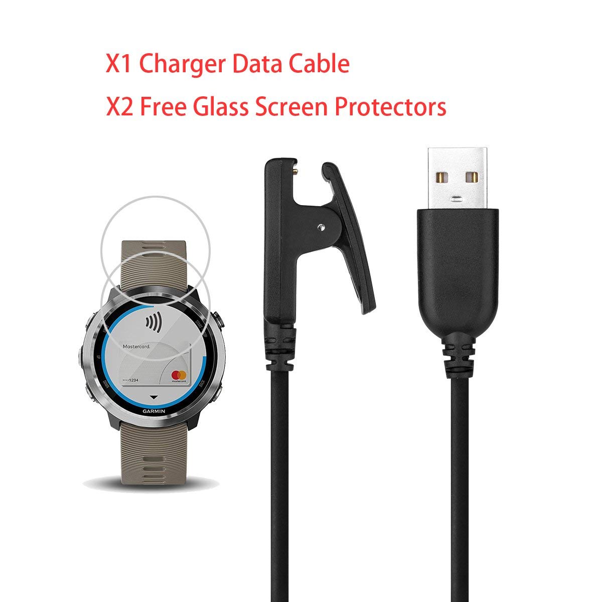 Compatible with Garmin Forerunner 645 Charger Cable and 2Pcs Free HD Tempered Glass Screen Protectors image 2