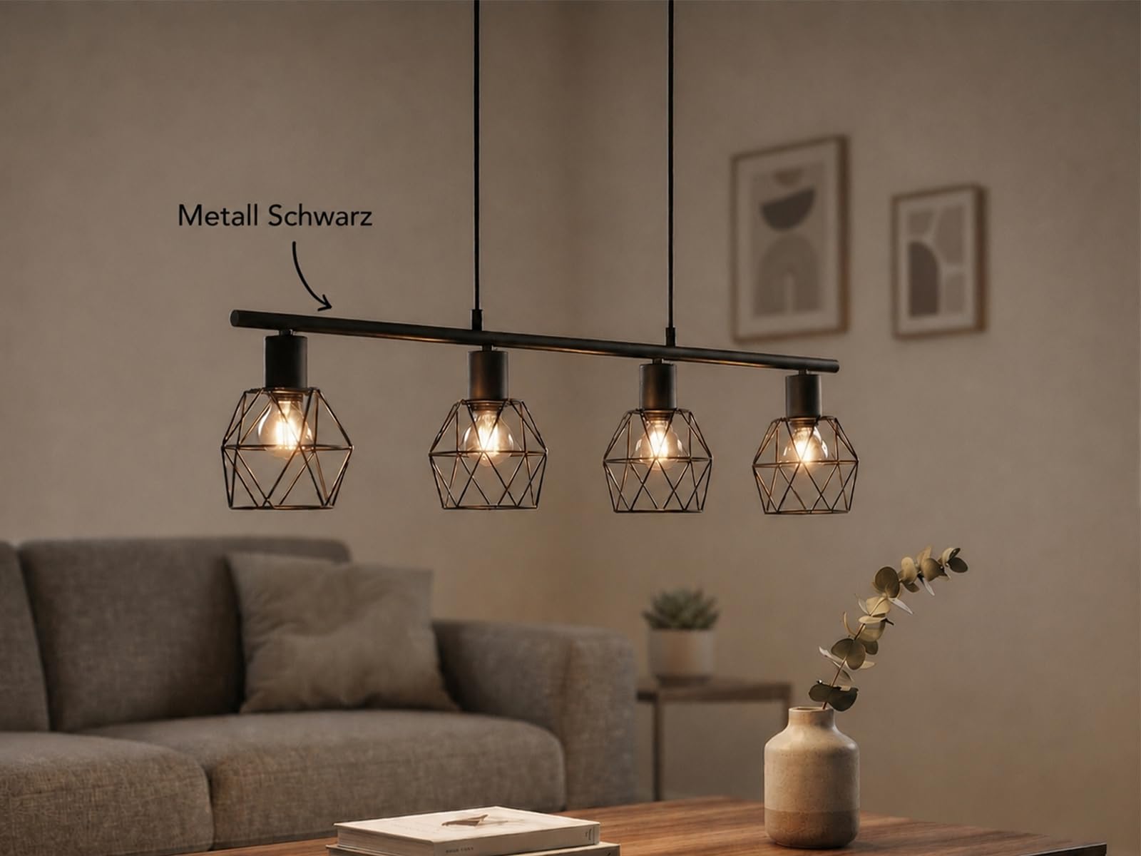 meineWunschleuchte Pendel-Leuchte Industrial Schwarz, für Esszimmertisch, | Breite 75cm, 4-flammig, Retro Gitterlampe ideal über dem Esstisch in Esszimmer und Küche