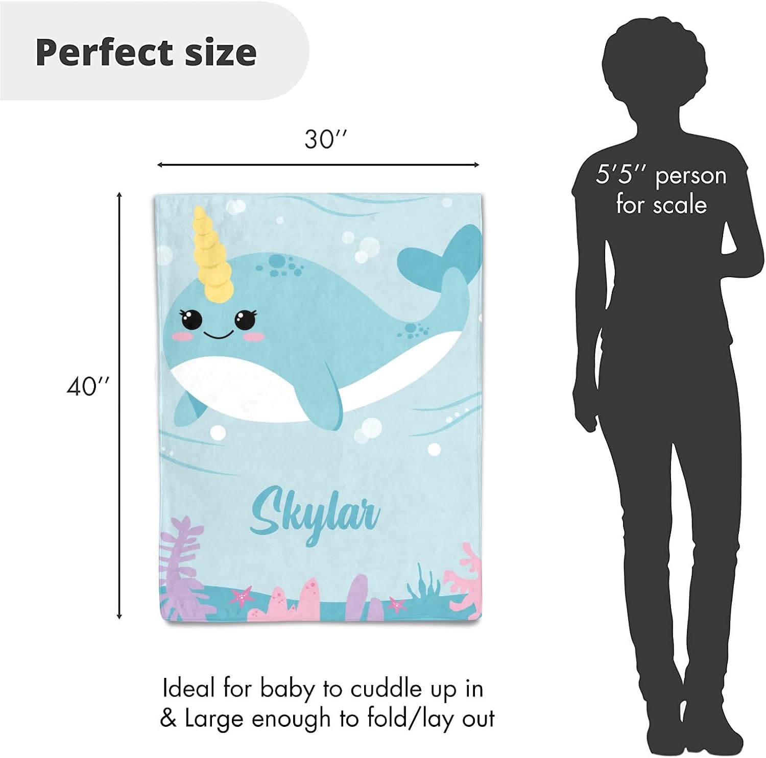 Cute Unicorn Whale Personalized Receiving Baby Blankets for Girls Boys Kids with Name,Customized Swaddle Blankets Gift for Newborn Crib Infants 30x40 Inches