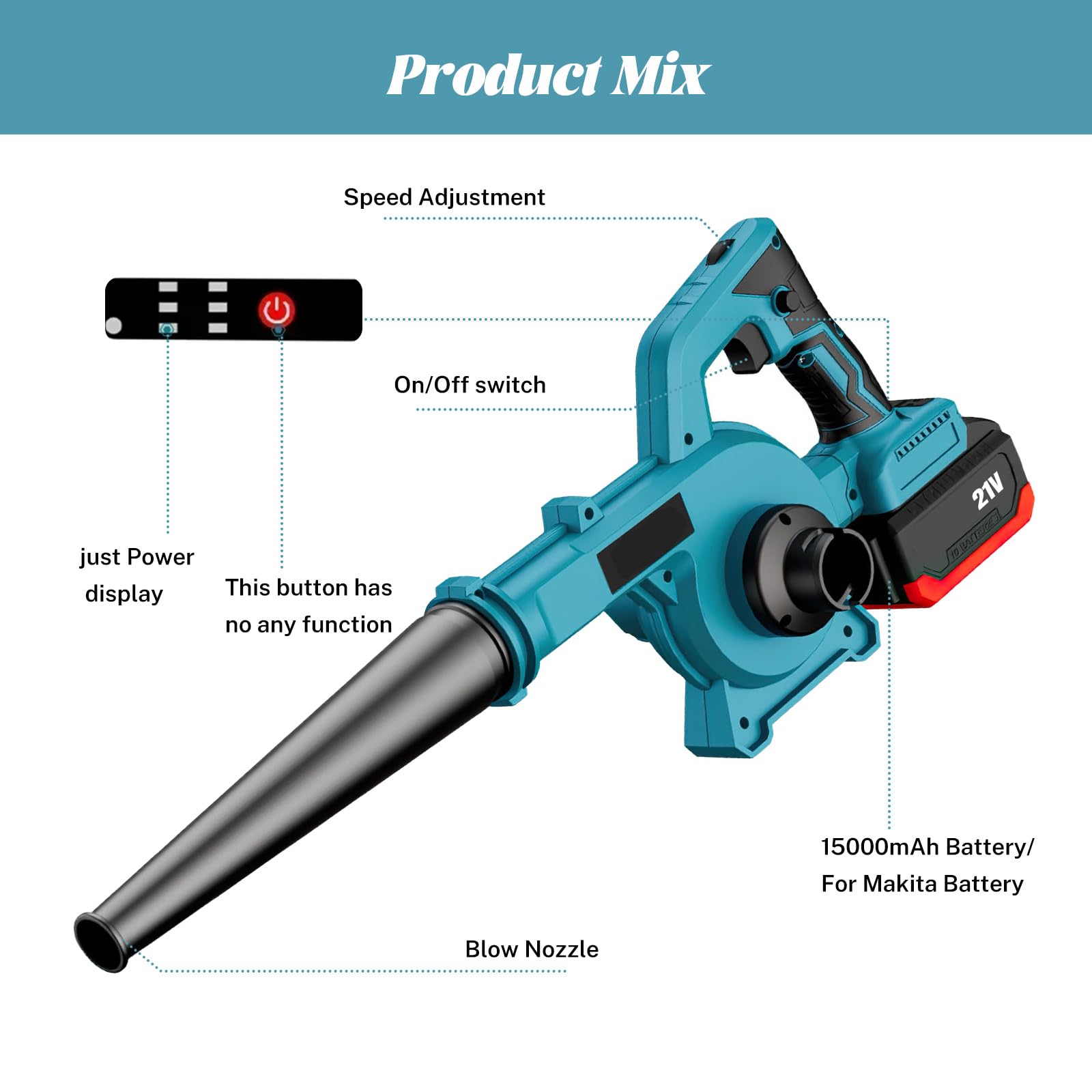 Soplador de hojas inalámbrico | Con 2 x 7500 mAh, 21 V, motor de cepillo potente 1000 W, 15 000 rpm, para jardín, callejones y terrazas
