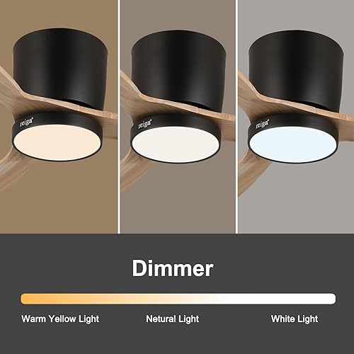 Miniatura 3 de reiga 52" Natural Wood Ceiling Fan with Light and Remote, 3 Blade Flush Mount Low Profile Ceiling Fan for Bedrooom Living Room, Quiet DC Motor