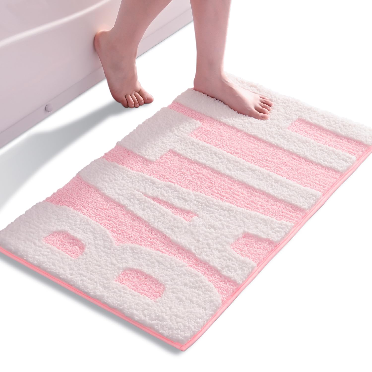Pink and White Bathroom Rugs, Bath Letters Non Slip Bathroom Mat, Soft Absorbent Cute Bath Mat, Machine Washable Quickly Dry Comfortable Bathmat for