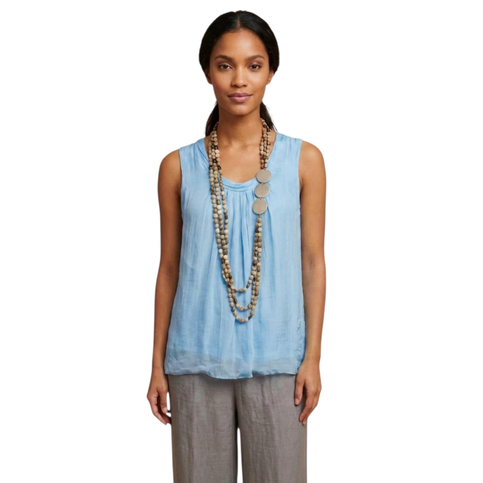 Alam Exclusive Women's Strap Top Plain Silk Sleeveless Top Vest Ladies Pleated Neckline Soft (as8, Numeric, Numeric_8, Numeric_16, Regular, Regular, Sky Blue)
