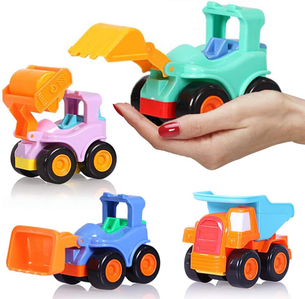 BEESTECH Toy Cars for 2,3,4,5 Year old Boys Girls Toddlers, Friction Powered Cars, Push and Go Construction Truck Toys, Pull back and Go Vehicles with Dumper Road Roller Bulldozer Excavator 4 Pack Gif