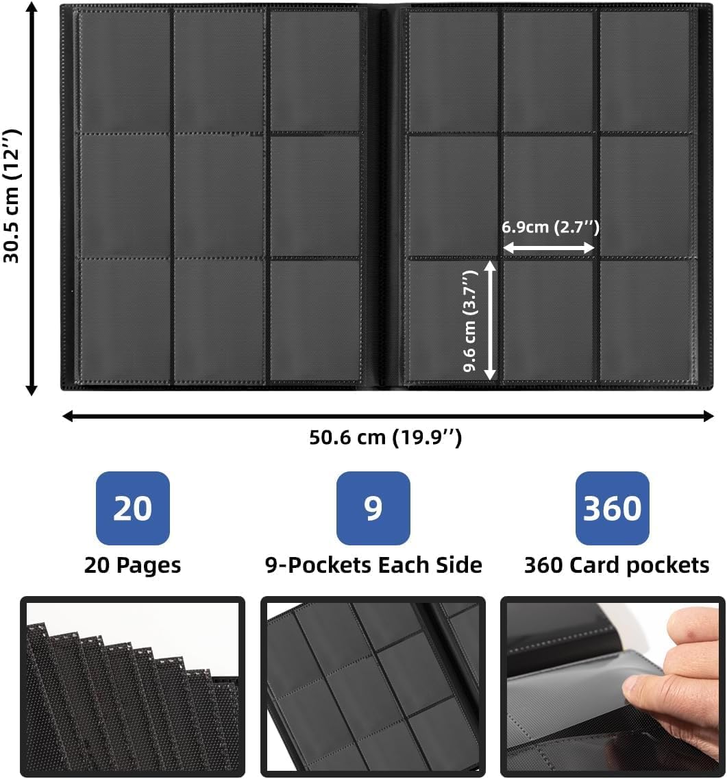 Trading Card Binder 9 Pocket, 360 Double-Sided Pockets, Album Holder for MTG, TCG & Baseball Collector Cards(Black)