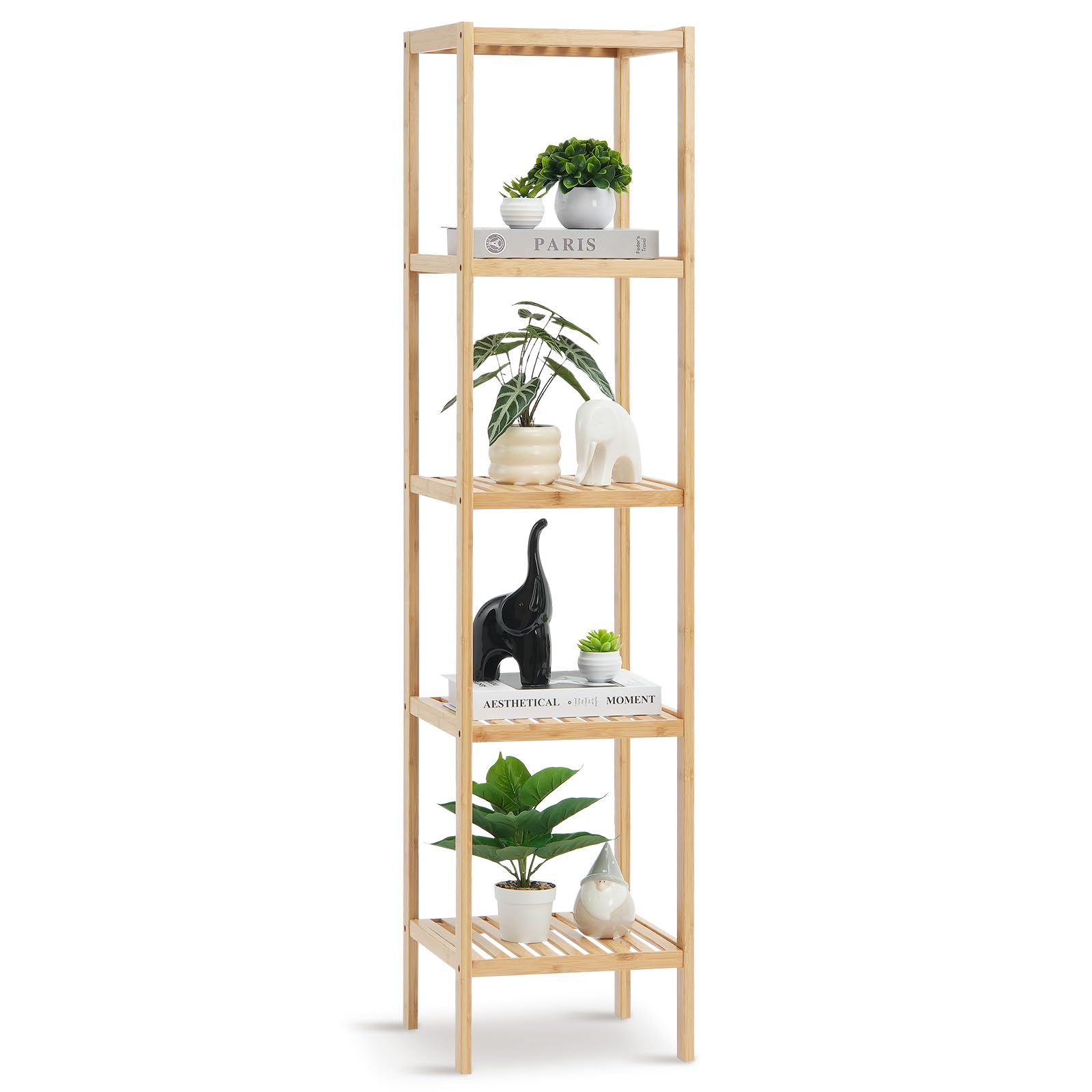 VEVOR 5-Tier Bathroom Standing Shelf, Narrow Shelving Unit, Display Storage Rack Organizer, Freestanding Flower Plant Stand, Multifunctional Bamboo Shelf Ideal for Bathroom, Kitchen, Home, Natural