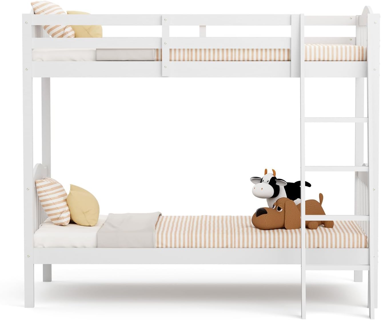 VINGLI Solid Wood Bunk Bed Twin Over Twin Classic, Twin Bunk Beds for Kids and Adults with Full Length Guardrails and Flats Pedals,Easy Assembly,No Box Spring Required,White