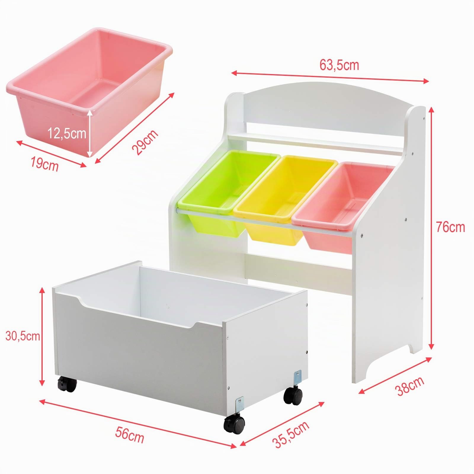 LIFEZEAL Estantería para Juguetes, Organizador de almacenamiento con 3 cubos de plástico, Caja con ruedas de juguetes infantil, armario para habitación del niño (blanco)
