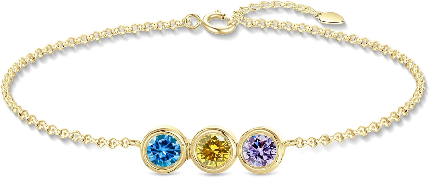 Personalized Birthstone Bracelets for women Round Charm Link Bracelet with 1-6 Birthstones Jewelry Mothers Day Christmas Gifts for Mom Grandma