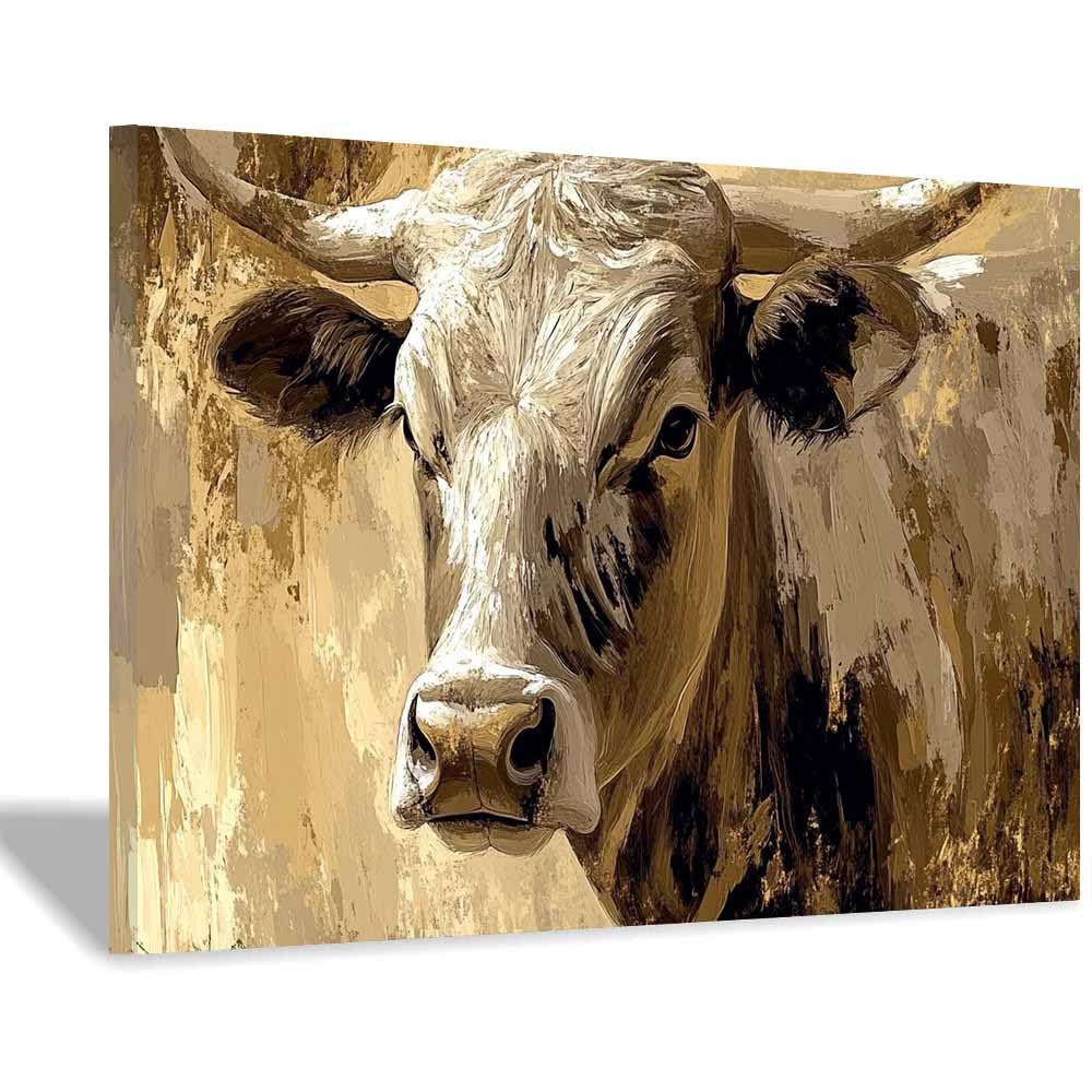 TERUEA Cartel Retro Impresión Arte Vaca Longhorn Abstracta Vintage Cuadros Decoracion Salon Cuarto de baño Aseo WC（Bronce-80x120cm1 Enmarcado