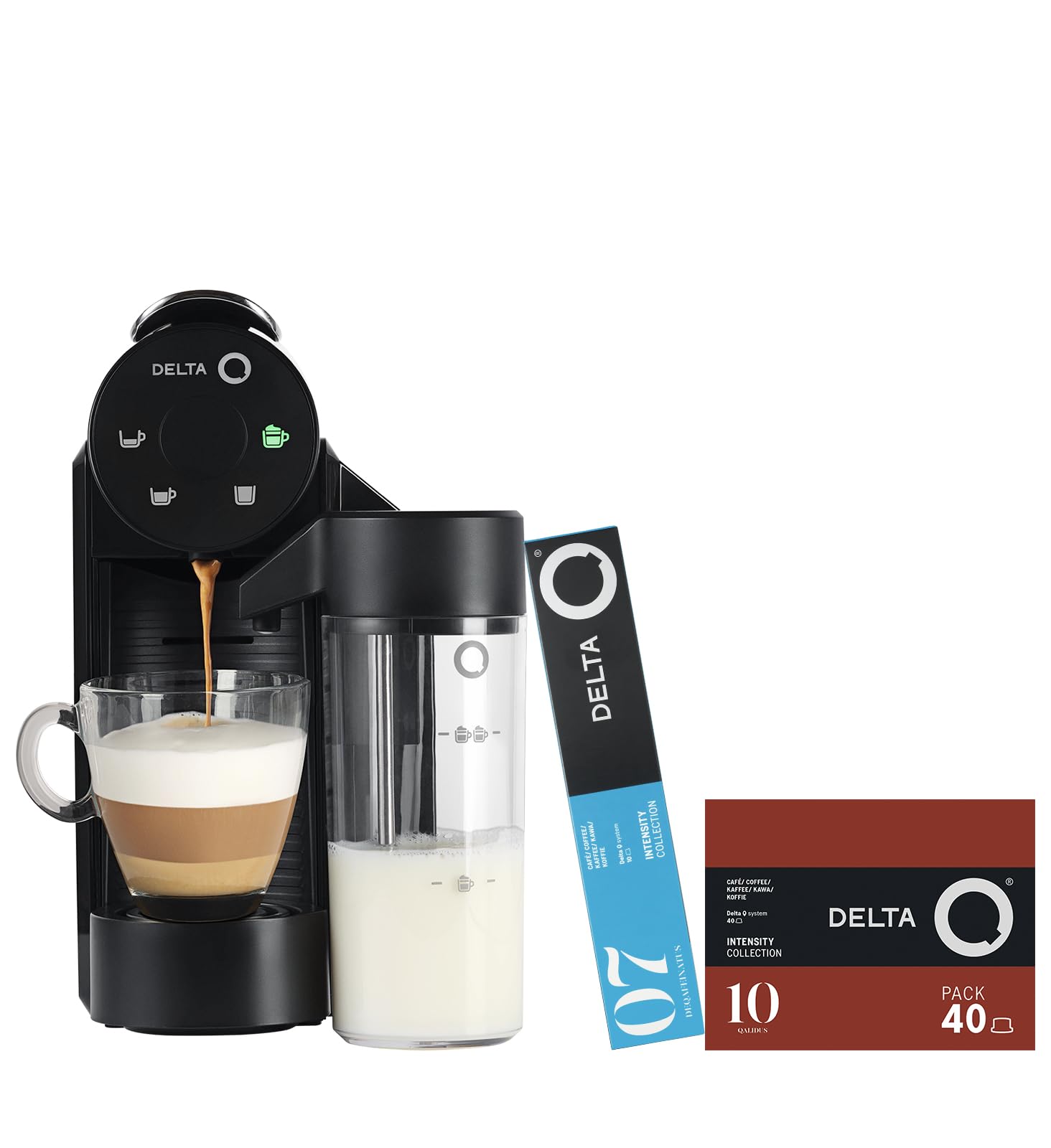 Delta Q | Cafetera Cápsulas Mini MilkQool Negro 20 Bares 0,6 L | Depósito de Leche, 40 Cápsulas Intensidad 10 + 10 Descafeinado