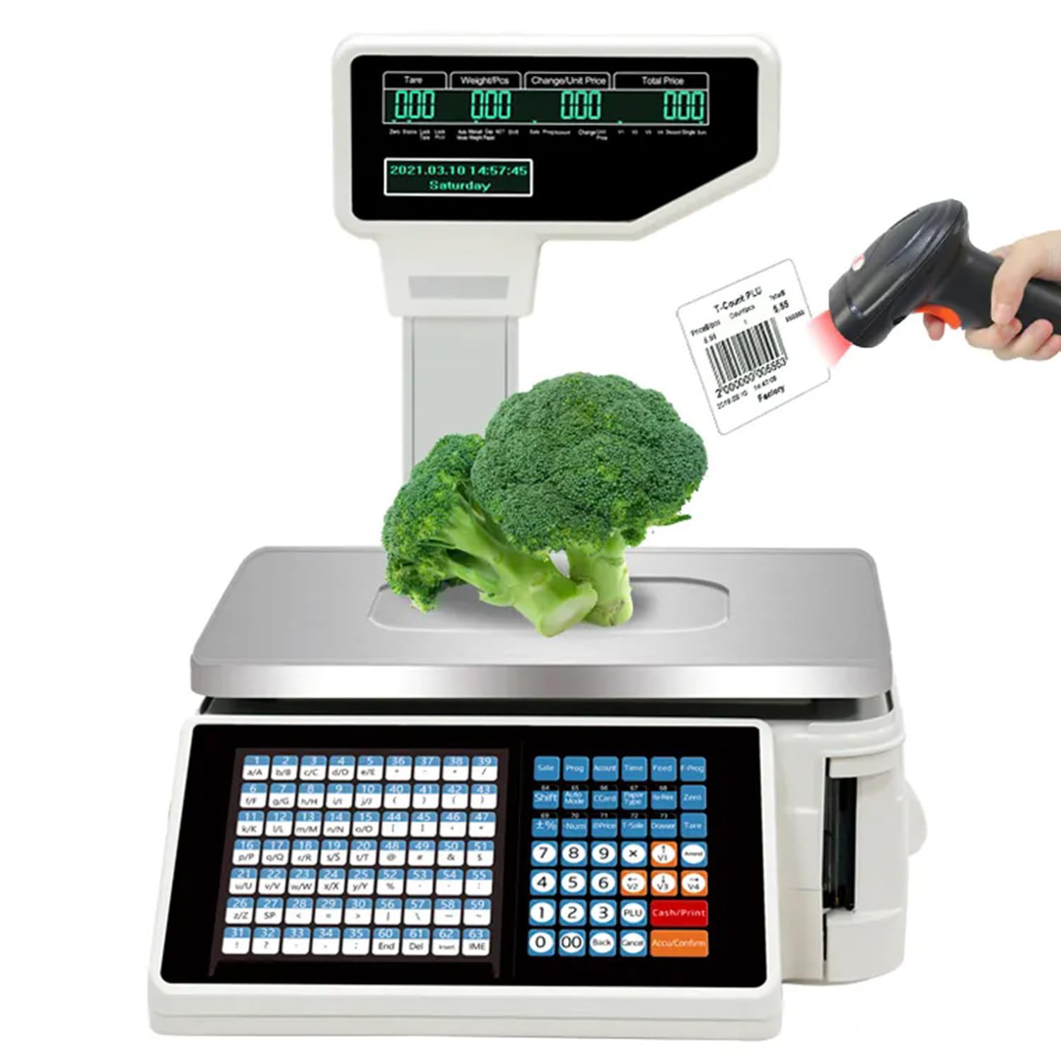 Báscula electrónica de cálculo de precios con impresora térmica de etiquetas y pantalla de poste para tiendas minoristas de alimentos y carnes, incluye máquina y escáner