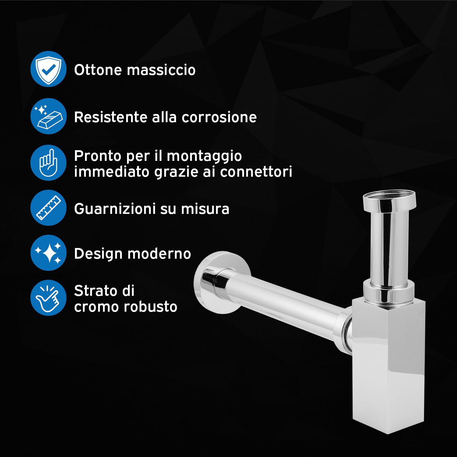 kör4u Premium Design sifone 1 1/4 pollici x 32 mm, rettangolare, cromato, universale, con guarnizioni, sifone per bagno