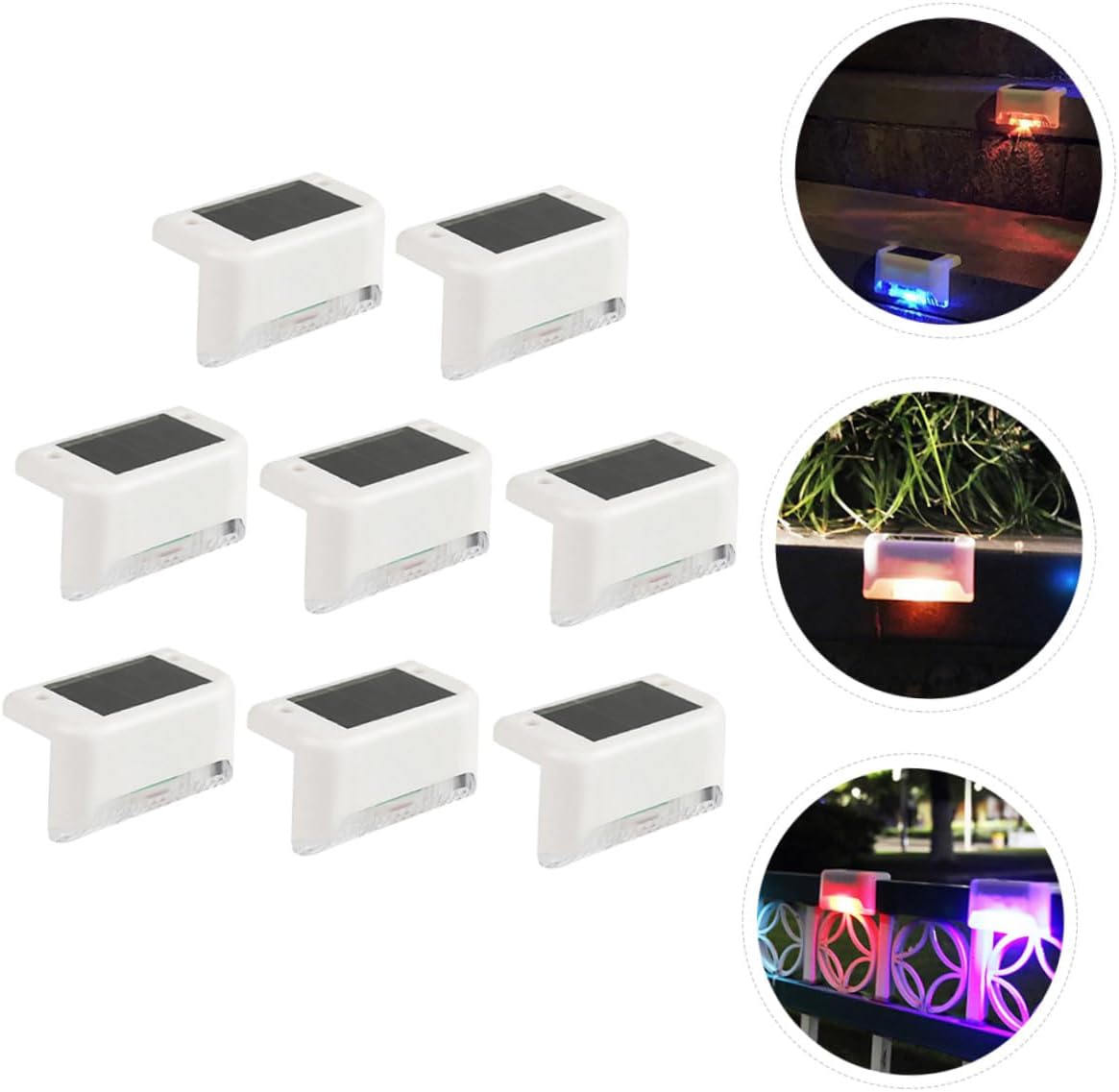 Toddmomy 8pcs Outdoor Solar Step Lights Waterproof Garden Fence Lamps White Shell and RGB Color for Patio Staircase Pathway Lighting