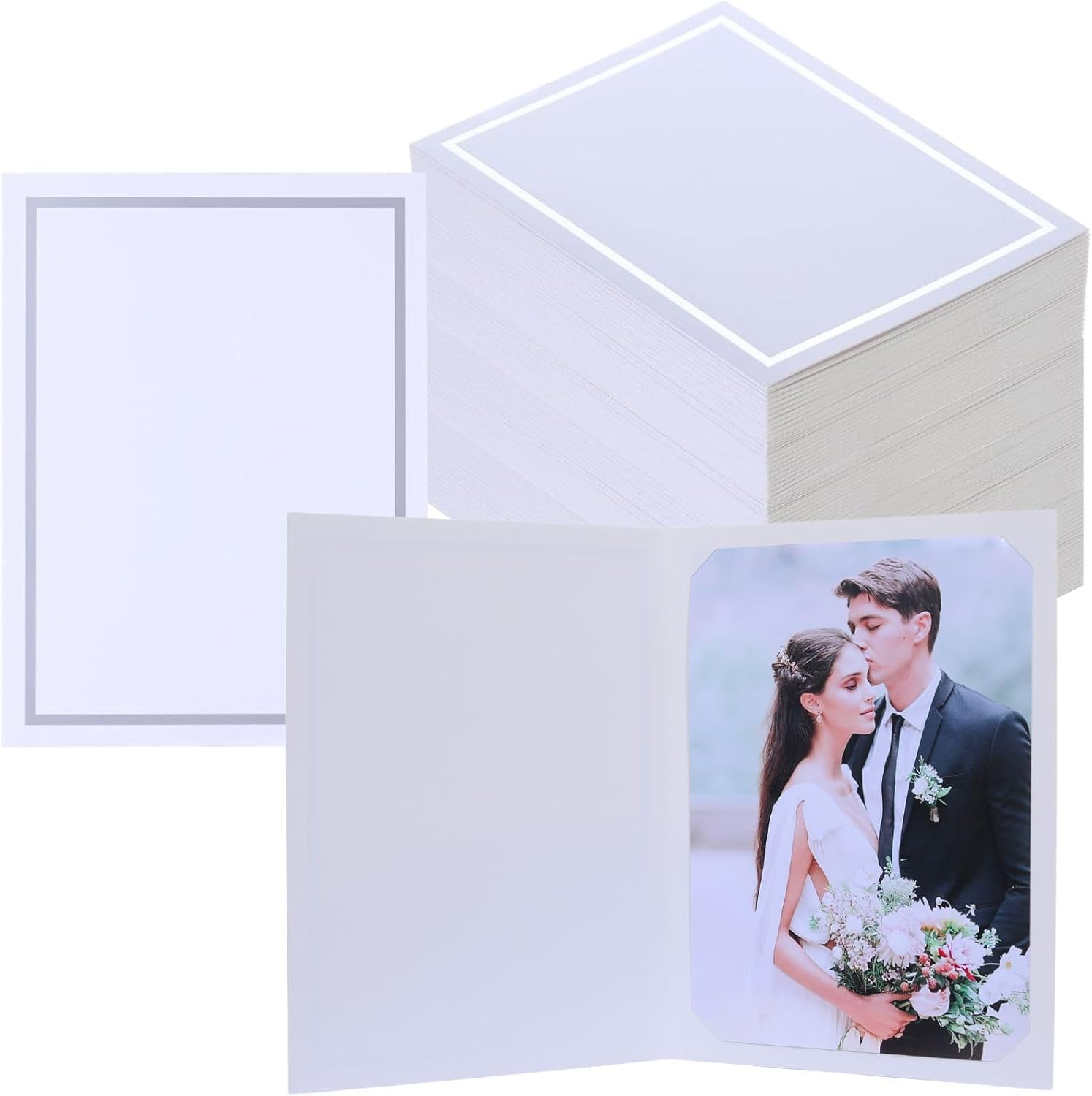 200 Pcs Photo Folders for 4x6 or 5x7 Pictures,Paper Picture Frames, Cardboard Greeting Photo Frame Cards for Christmas Greeting New Year Wedding Birthday Classroom DIY (White with Silver Foil)