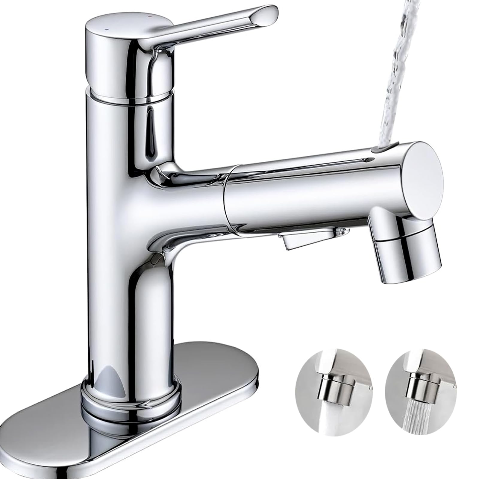 GIFTQOOL Bathroom Faucet with 3 Mode Pull Down Sprayer, Polished Chrome Bathroom Sink Faucet Brass Single Handle Washroom Modern Taps 1 Hole Robinet Salle de Bain