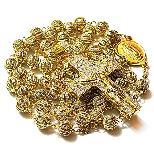 GeekTenet Premium Luxury Rosary Beads Chaplet Stainless Steel Zircon Rosery Cross Catholic gifts (Gold2)