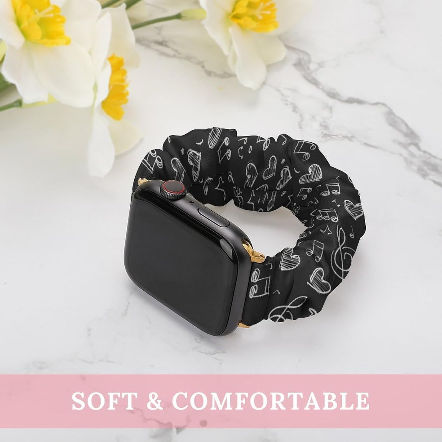 Chalkboard Music Notes Hearts Scrunchie Watch Band Elastic Watch Strap image 5