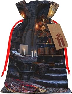 YILEQUAN Small Holiday Drawstring Gift Bags,Assorted Sizes Bulk, Christmas Foil Gift Wrapping Sacks Pouches for Xmas Presents Party Favor-Book Room Mysterious Library,Red Ribbon