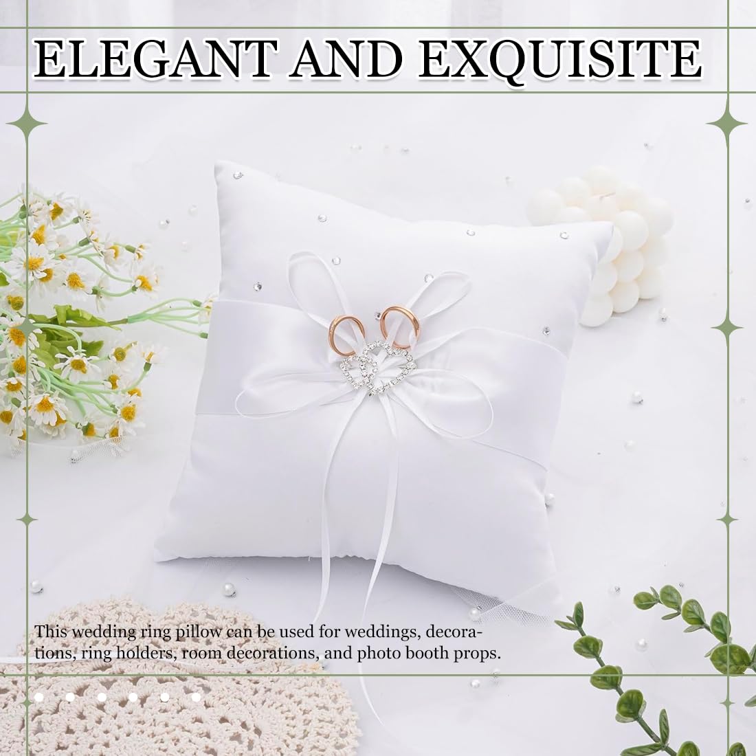 Cuscini portafedi,Cuscino per fedi nuziali bianco, accessori per matrimonio, cuscino per fedi nuziali con doppio cuore e diamanti, 10 cm