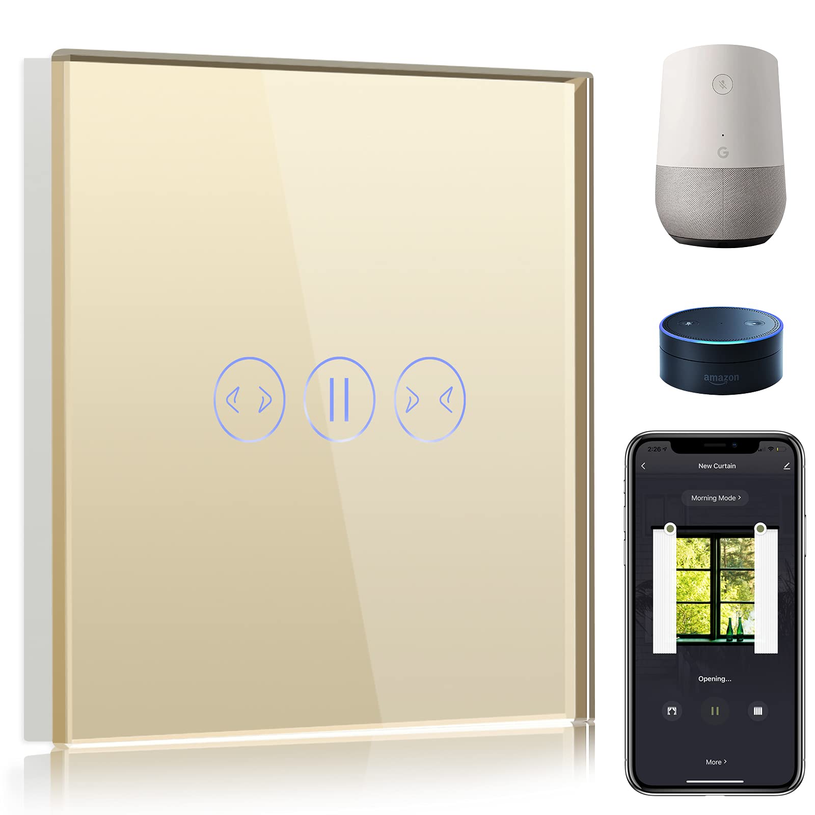 BSEED BSEED WiFi Smart Vorhang Schalter Fernbedienung mit Smart Life/Tuya APP,Kompatibel mit Alexa Echo und Google Home,WIFI Touch Schalter Vorhangschalter Gold