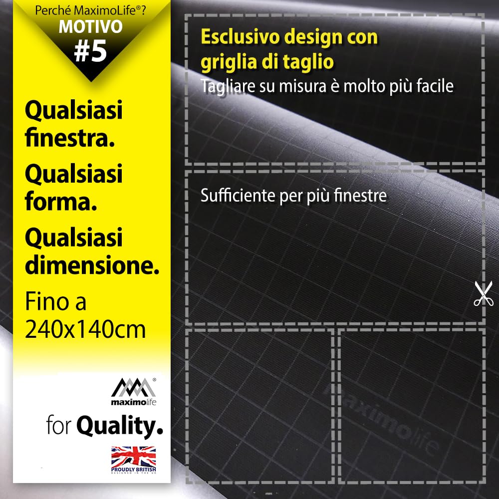 Tenda oscurante MaximoLife® Ultimate 100% | Adatta a finestre di qualsiasi dimensione/forma | Griglia guida di taglio per un taglio più facile | Ventose potenti | Gancio e passante resistenti
