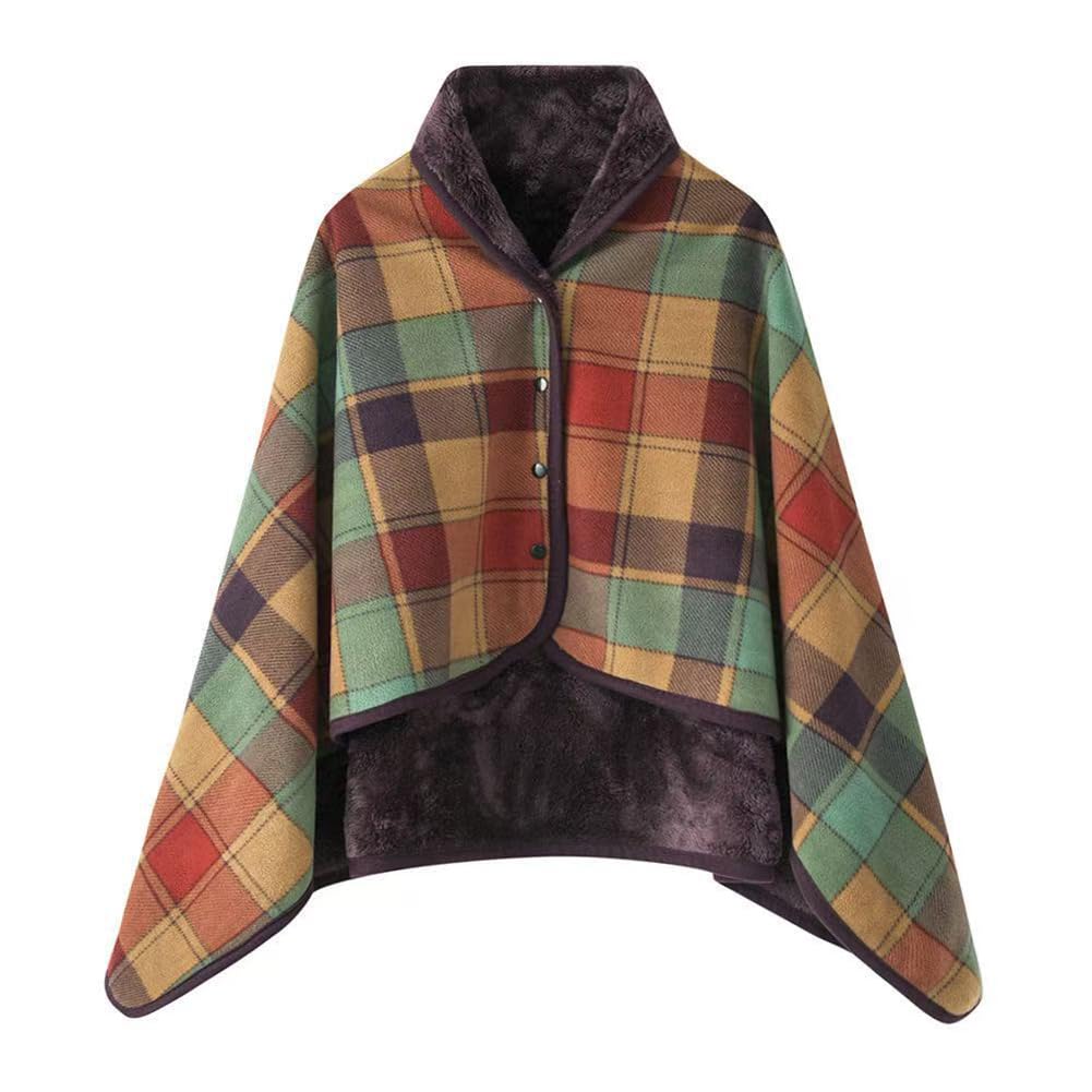 Fleece Wearable Blanket Flannel Plaid Ponchos Shawl Soft Plush Winter Warm Throw Buttons Cape Tippet Double Layer Lap Comfy Wraps (80 * 130cm, Color grid, One Size)