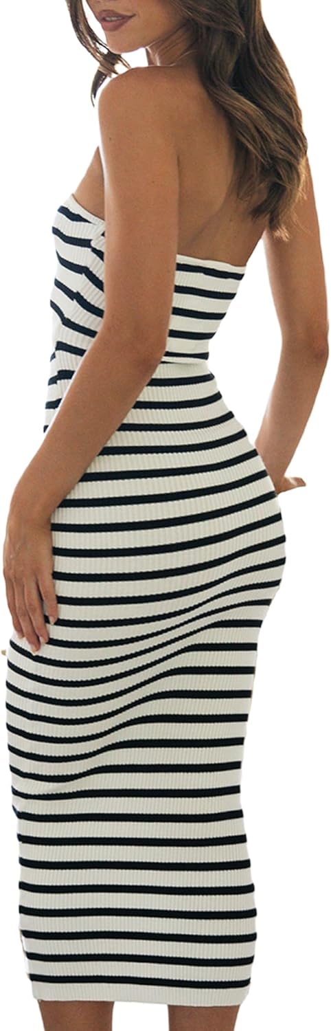 NUFIWI Women Summer Strapless Knitted Long Dress Off Shoulder Striped Cutout Midi Dress Bodycon Backless Beach Sun Dress - Image 2