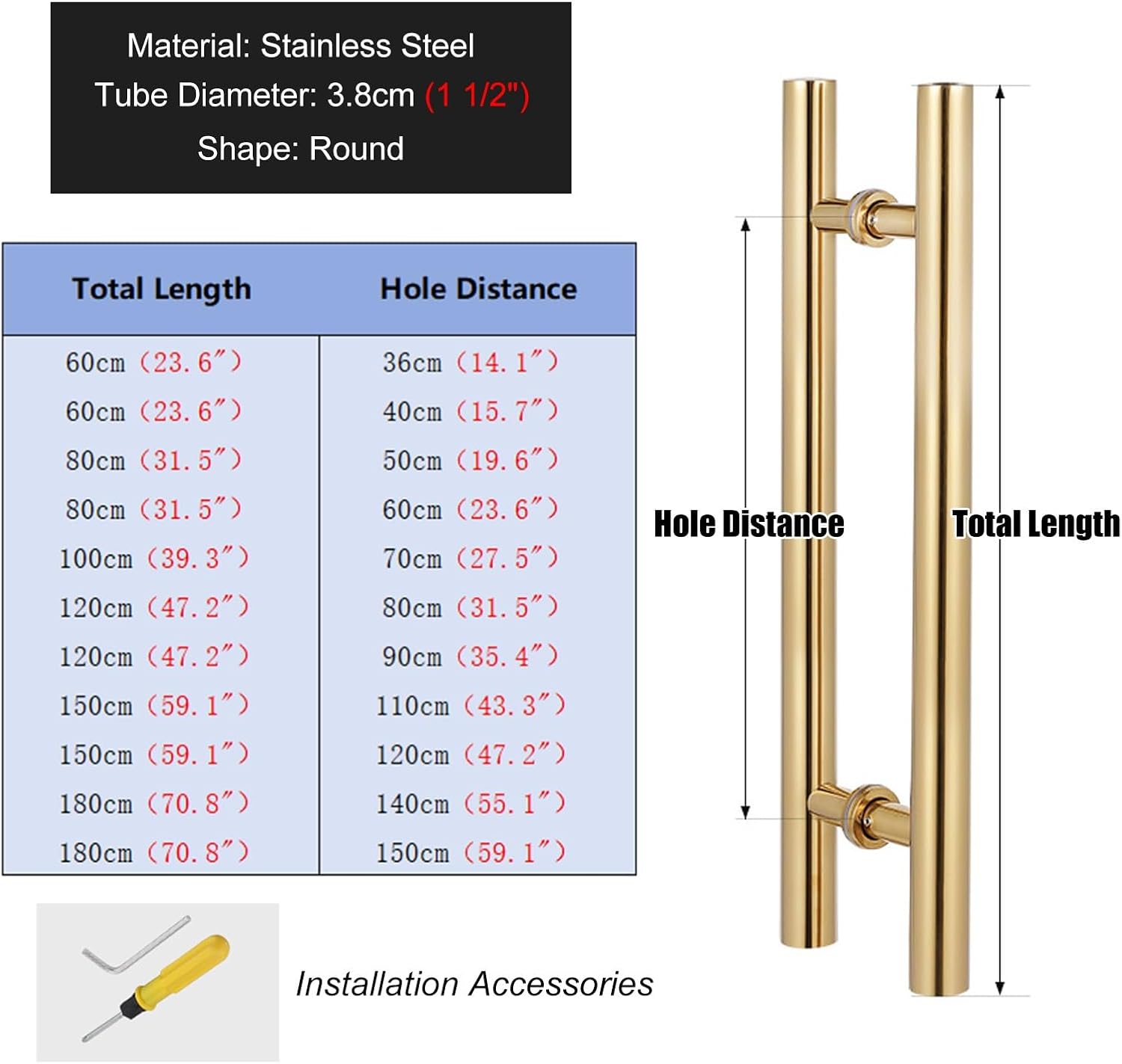 Commercial Push Pull Glass Door Handles, Door Pull Handle for Barn Door, Modern Double Sided Door Grab, on Interior/Exterior Front Door(Color:Gold,Size:150X110cm/59.1" X