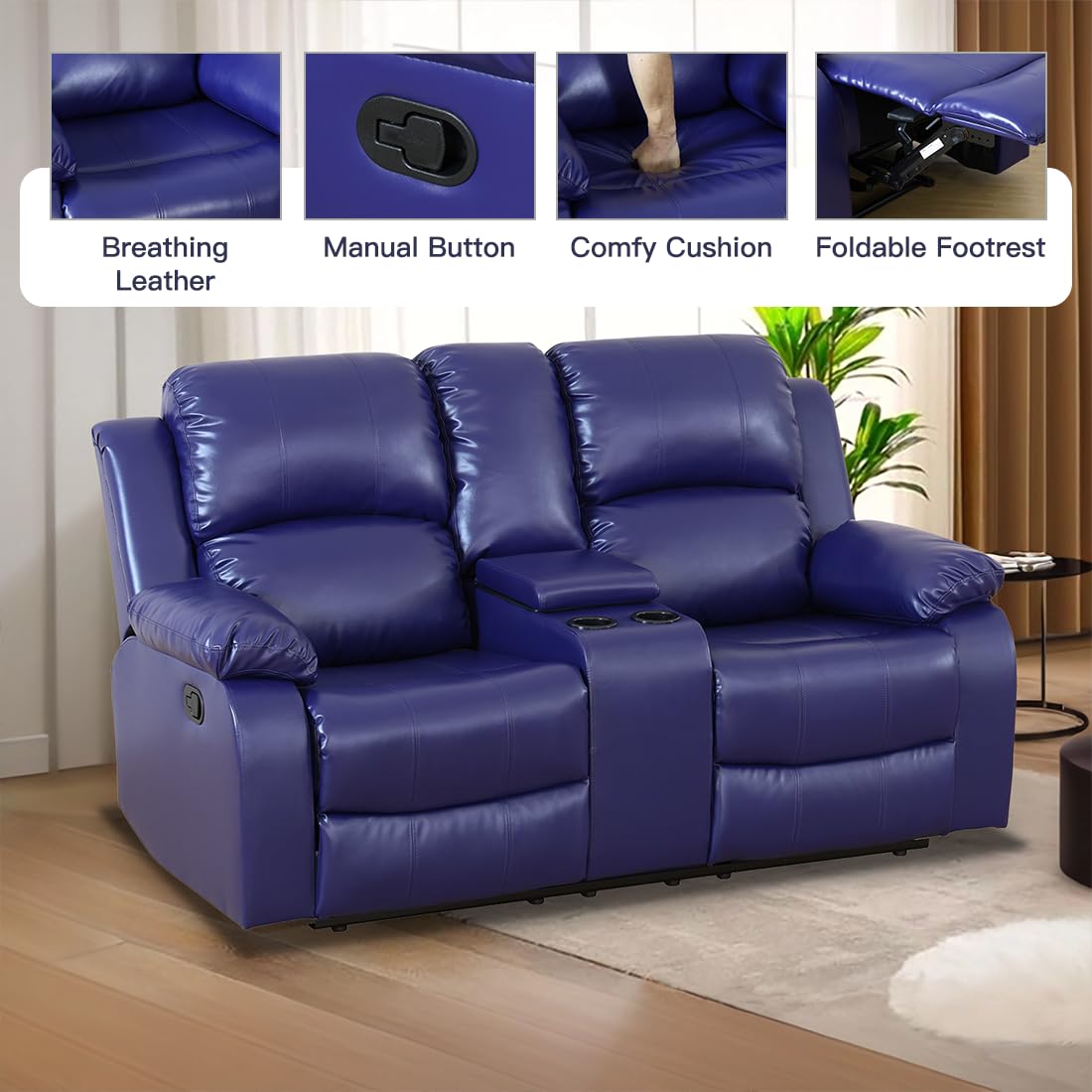 Toseslo Manual Recliner Loveseat Set, Living Room Furniture Sets, 2 Seater Modern Reclining Couches, Blue Leather Reclining Couch Sets with Storage Console/Cup Holder for Living Room/Apartment view 4
