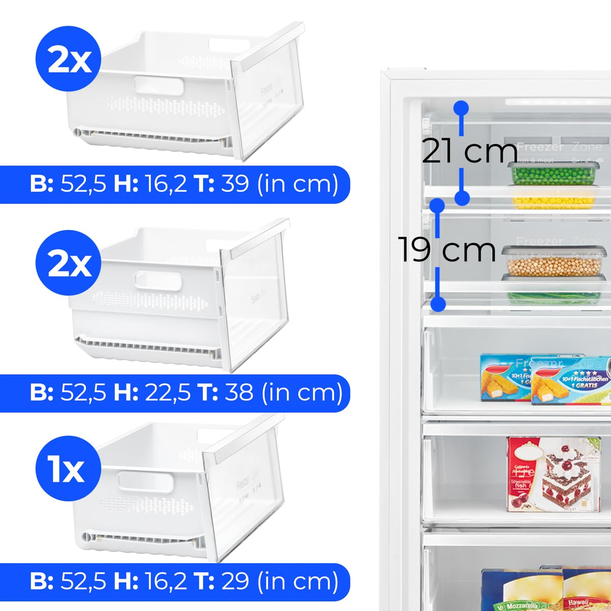 Congelador Bomann® NoFrost - 70 cm de ancho - 2 en 1 - convertible a refrigerador - 186 cm de alto - Clase energética D - Congelador - 5 cajones y 2 compartimentos - - Capacidad de 380 L - GSVS 7365