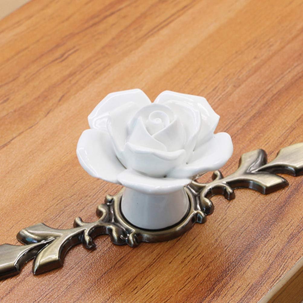 BESPORTBLE Ceramic Rose Flower Cabinet Knobs with Green Bronze Backplate, Vintage Kitchen Drawer Pull Handles for Dresser Cupboard Wardrobe, 2 Pack (White)