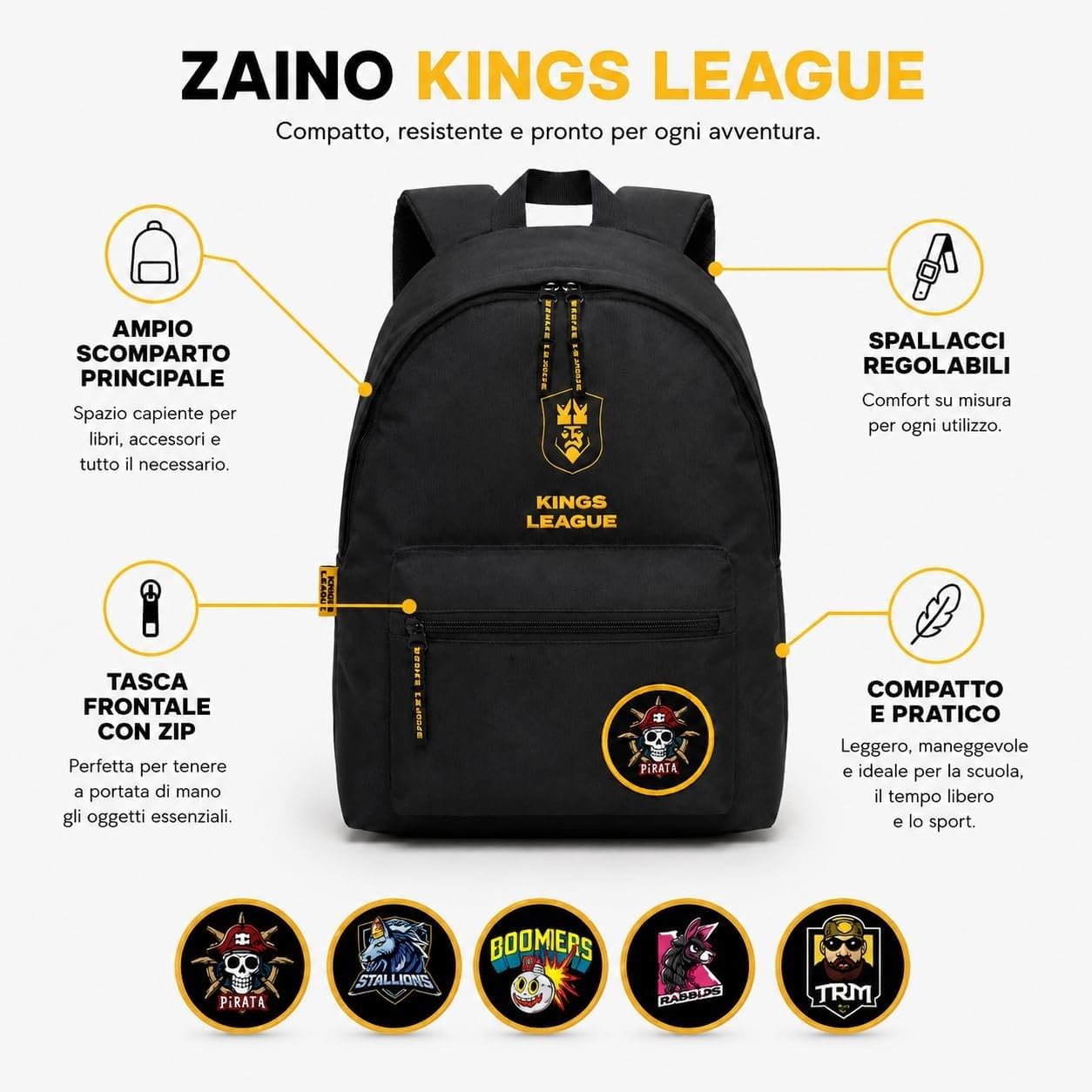 PRESTIGE & DELUXE Zaino Tondo americano - King League Patch Intercambiabile - per la scuola primari Bambini + Astuccio STALLIONS ovale zip + diario + Kit penne e portachiave calcio