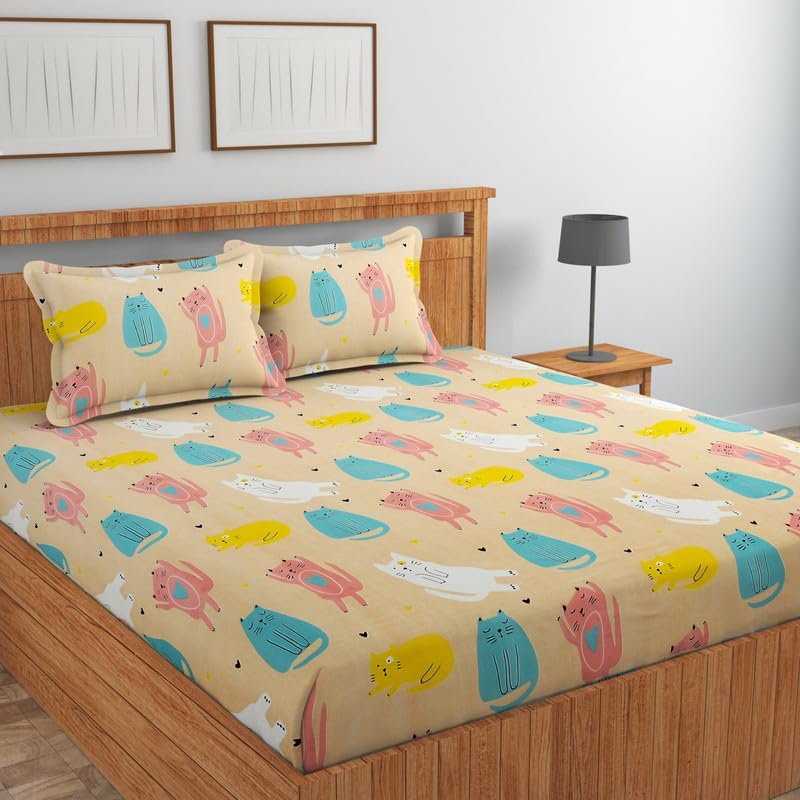 Image of RD FABS Glace Cotton Wrinkle Free Soft Hypoallergenic Elastic Fitted Cartoon Printed Bedsheets for Kids with 2 Pillow(Size,78 x 72 Inches(Fits up to 8 Inch),Cream Cat),Double Bed,300 TC