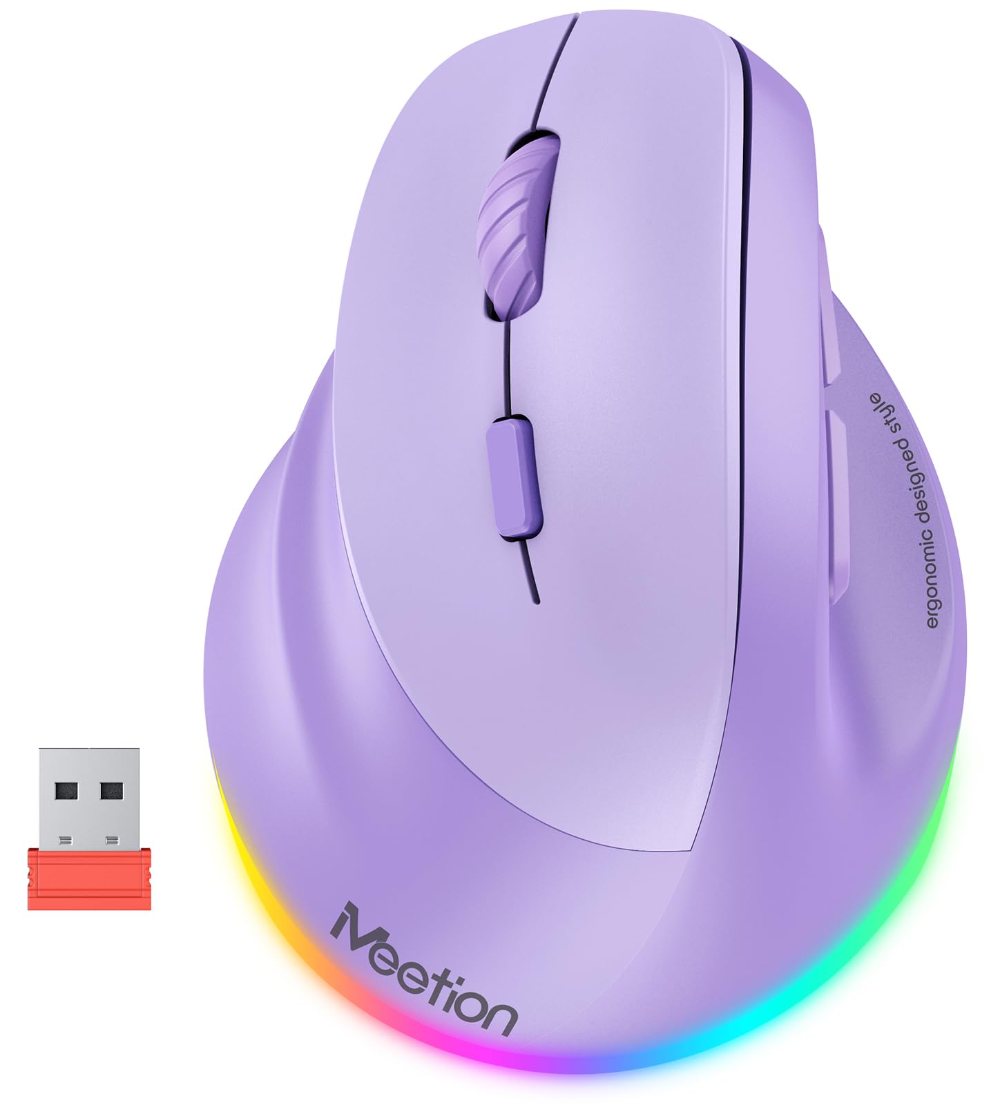 MEETION mouse vertical ergonómico inalámbrico para zurdos, recargable, morado | Dual Bluetooth 5.2/3.0 + USB, iluminación RGB, 4 DPI ajustables, compatible con Windows, Mac, PC, iPad y tabletas